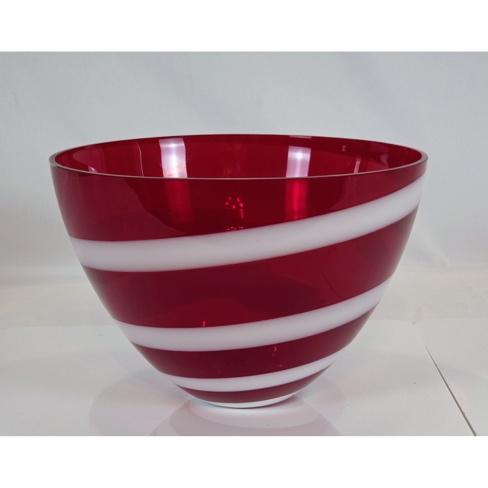 Vintage Murano Style Hand Blown Ruby Red White Swirl Cased Art Glass Bowl 8"